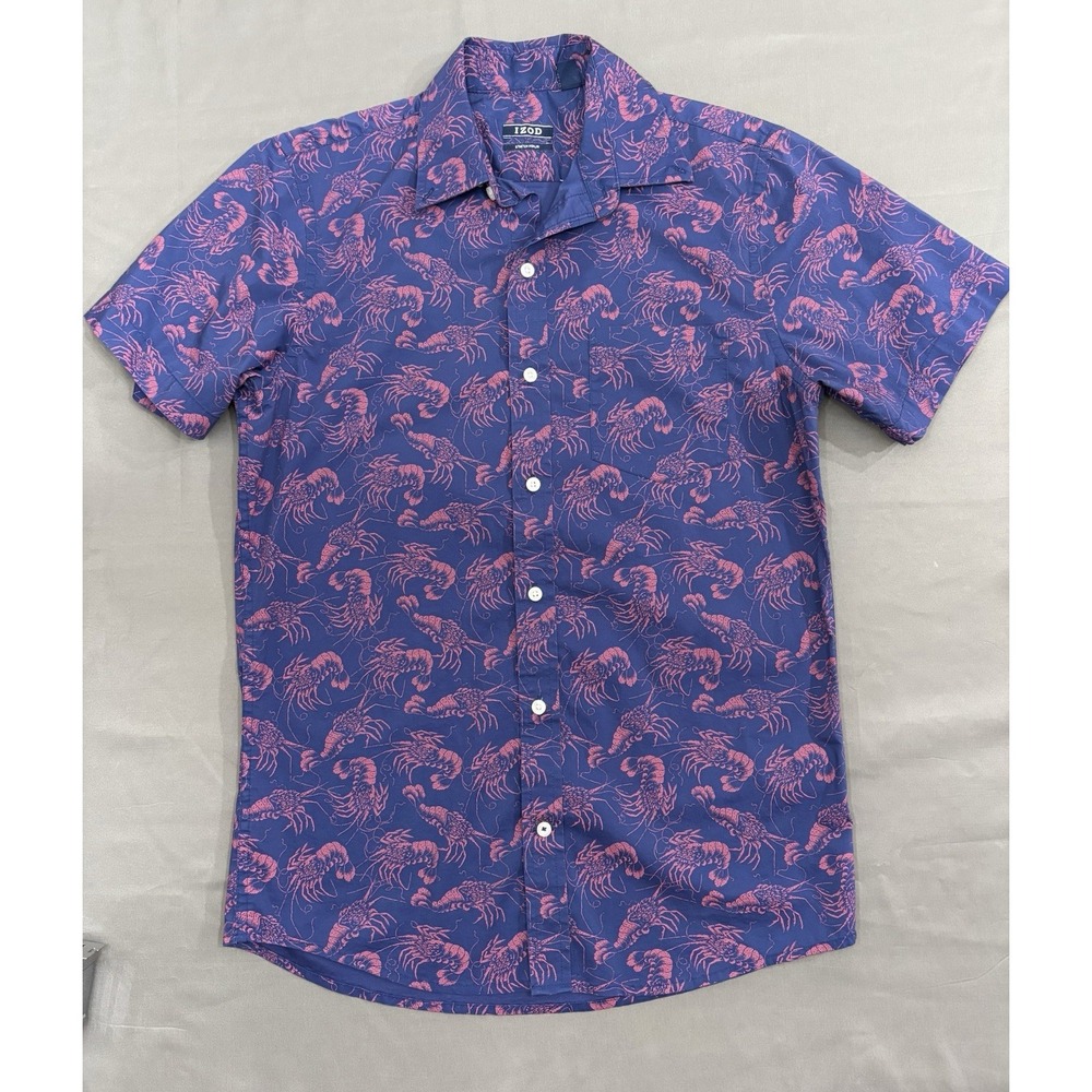 IZOD Fisherman Short Sleeve Button Lightweight Shirt Mens S Blue w/ Pink Lobster